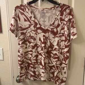 Nine West Women's Floral V-Neck Top - Rust and White Medium